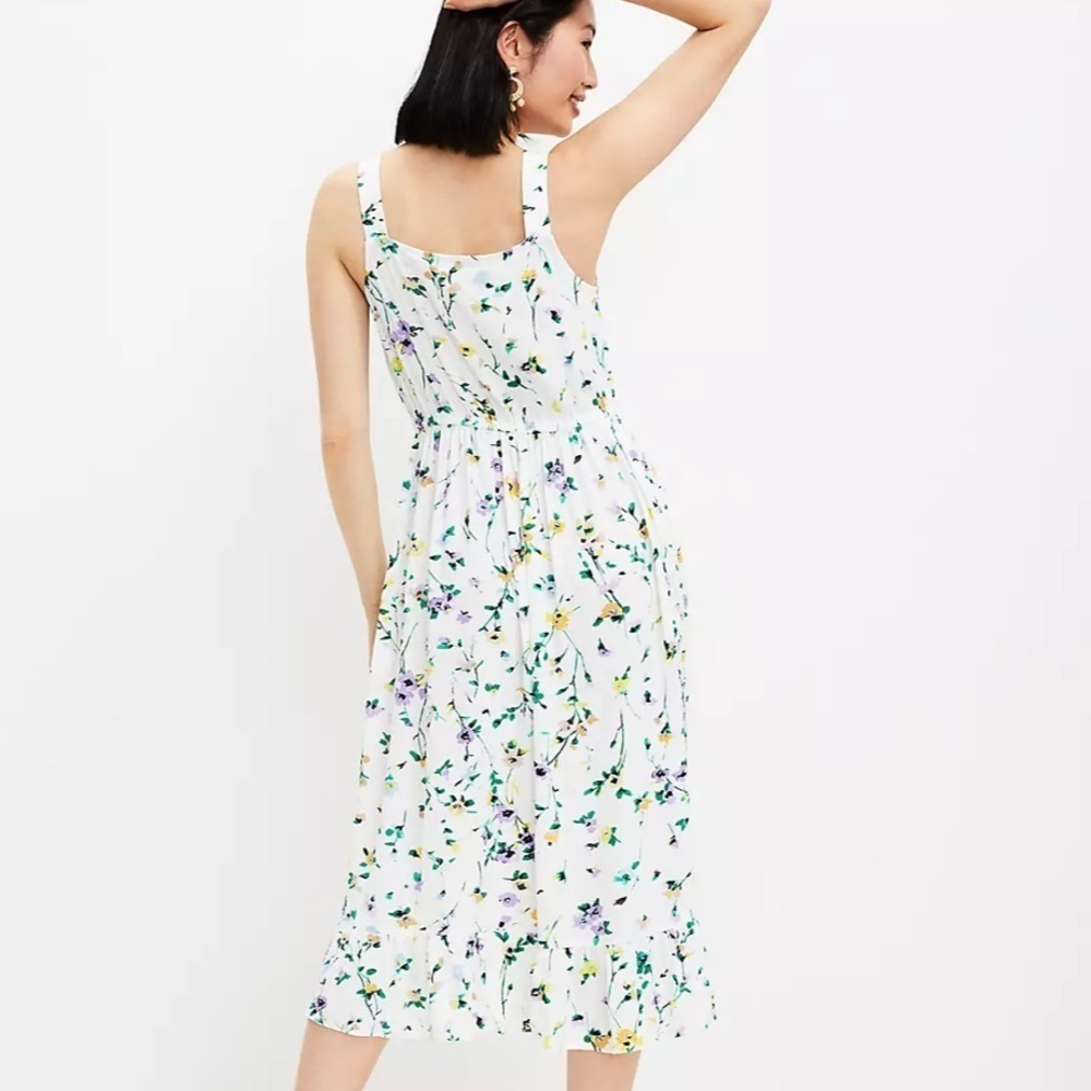 NWT LOFT Floral Button Ruffle Midi Dress White Sz 8
